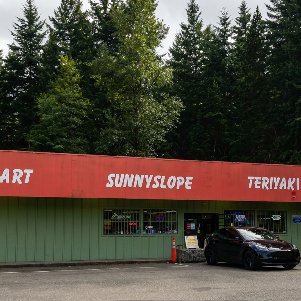 Mart Sunnyslope Teriyaki restaurant storefront surrounded by dense evergreen forest, with parked cars in front.