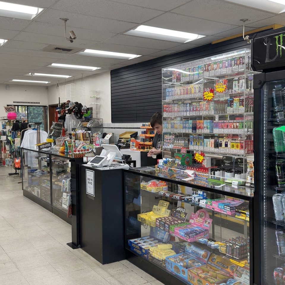 Convenience store interior with a cashier counter, shelves of snacks and tobacco products, clothing racks, and a Monster Energy refrigerator.