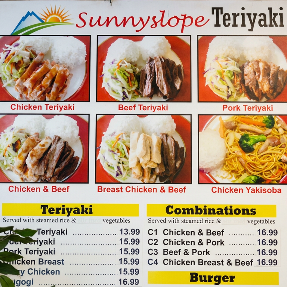 Sunnyslope Teriyaki menu sign displaying teriyaki plates, chicken yakisoba, combination meals, and prices.