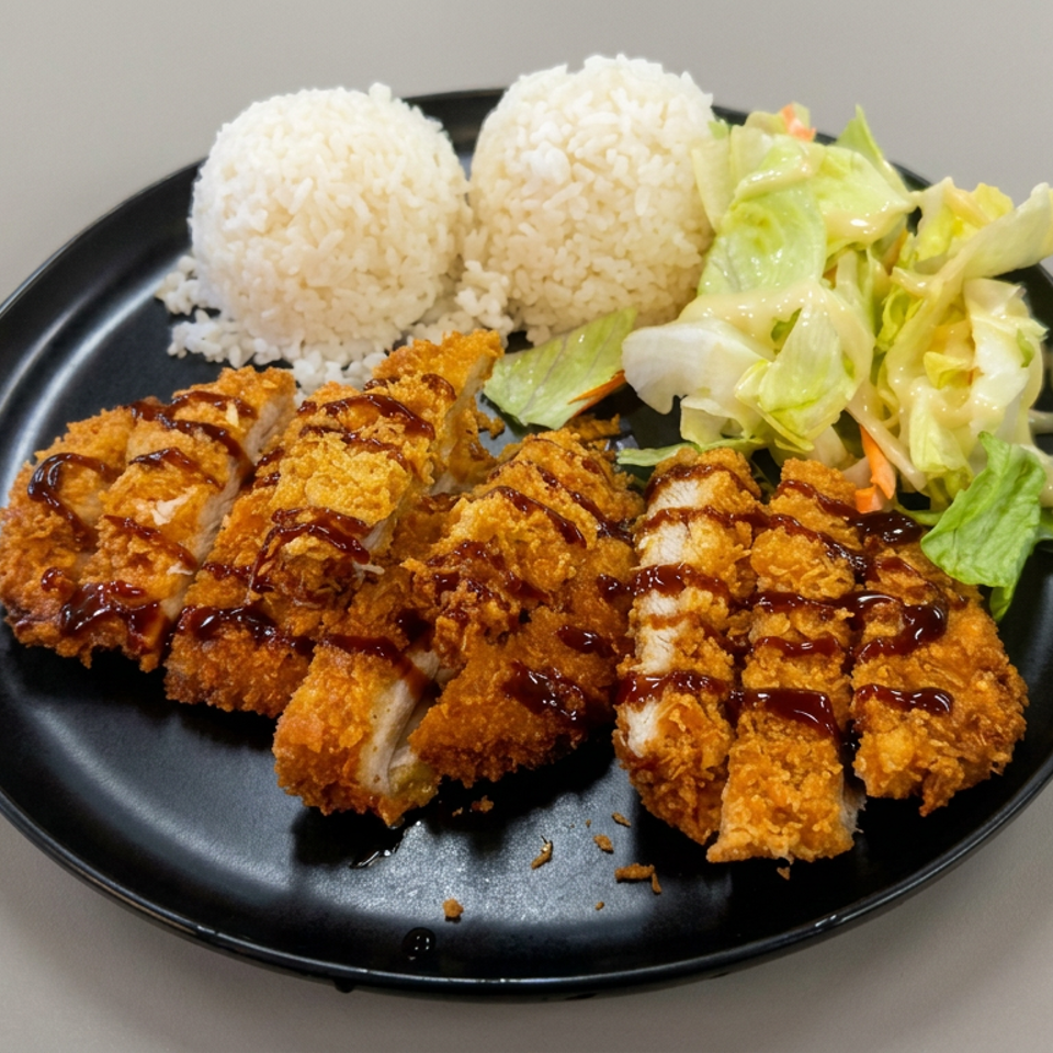 Crispy breaded chicken cutlets drizzled with sauce, served with two rice scoops and green salad on a black plate.